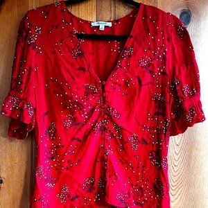 Madewell Brand Short Sleeve V Neck Button Down Blouse Red & Black - Size 8